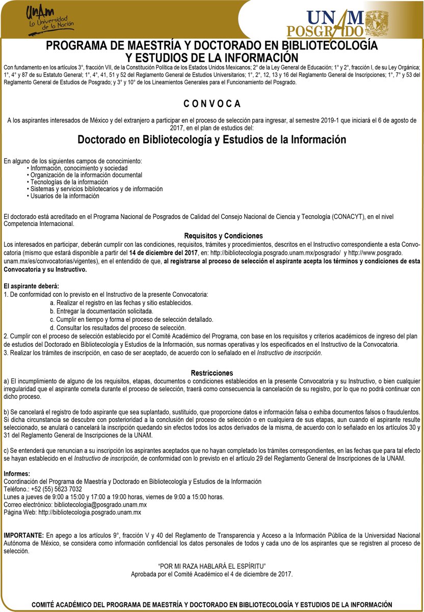 UNAMPosgrado's tweet photo. Participa en el proceso de seleccion para el #DoctoradoEn Bibliotecología y Estudios de la Información! Convocatoria e Instructivo de inscripción en: https://t.co/zLDxsubEzN
@posgradobibliotecologiaunam https://t.co/7CL9W1M1Rm