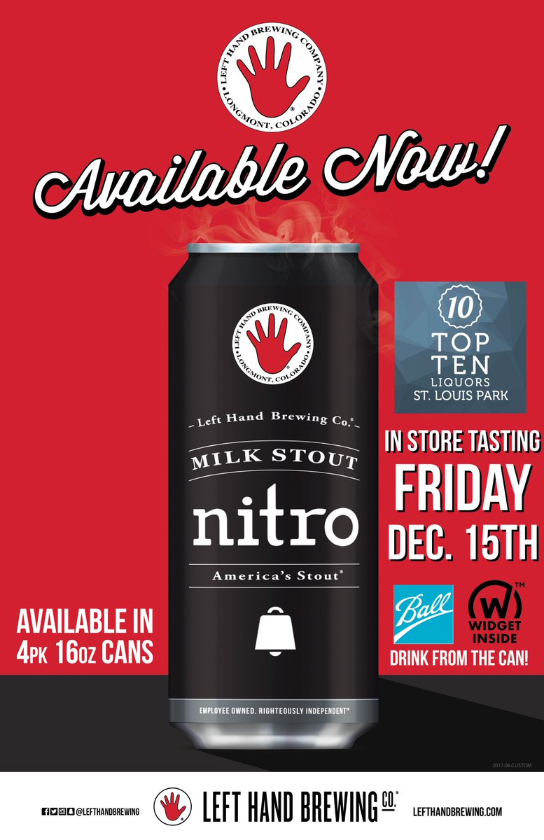 BeerBaronLHB's tweet photo. Free Beer Tasting at @TopTenSLP today from 5-7pm with @LeftHandBrewing featuring Milk Stout Nitro, Extrovert IPA and Travelin' Light Kölsch! #CraftBeer #TakeCraftBack #LeftHandNitro #MPLS #TwinCities https://t.co/wvwXA6XlOv