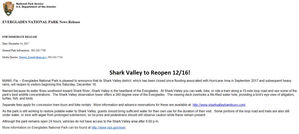 RosLehtinen's tweet image. Happy 2 hear @EvergladesNPS will reopen a beautiful area that was closed due to #HurricaneIrma on 12/16 where #SoFla families can walk, bike, or ride a @Shark_Valley tram along a 15-mile loop road 2 see some of the park’s best wildlife.