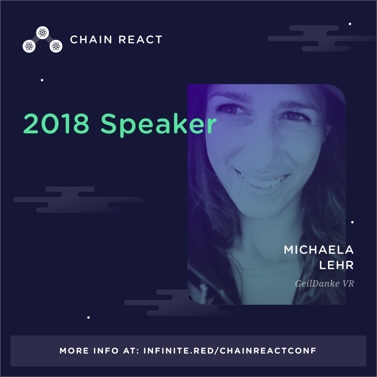 ChainReactConf's tweet image. We are happy to announce Michaela Lehr (@FischaelaMeer) from @GeilDanke as a speaker at #chainreact2018
Don't miss out! #reactnative #reactvr CC @reactnative