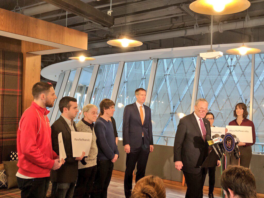 TechNYC's tweet photo. .@juliepsamuels @SenSchumer @bokelley @dens @egrimmelmann spoke out loudly today for #NetNeutraility. We’re happy to have so many champions for a free &amp; open internet in New York. https://t.co/3ev3h791F8