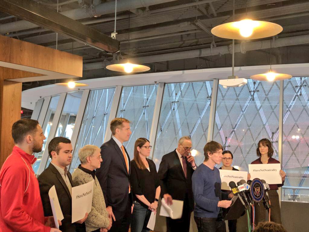 TechNYC's tweet photo. .@juliepsamuels @SenSchumer @bokelley @dens @egrimmelmann spoke out loudly today for #NetNeutraility. We’re happy to have so many champions for a free &amp; open internet in New York. https://t.co/3ev3h791F8