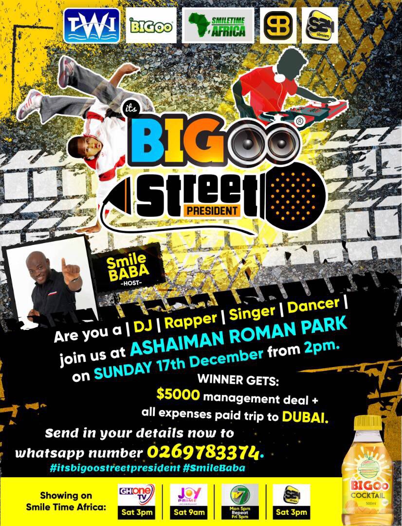 itsbigoo's tweet photo. Ashaiman we’re coming this SATURDAY!!!

It’s BIGoo Street President with Smile Baba.  

Stand the chance of winning a GHC5,000 management deal and an all expenses paid trip to Dubai ✈️✈️.

Tell a friend to tell a friend. 

#ItsBIGooStrestPresident #ItsBIGoo #SmileBaba https://t.co/7wbvTbmoUr
