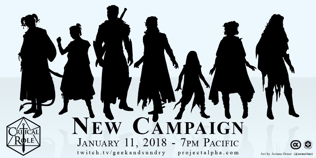 It's the perfect time to bring new friends to the party.

The new #CriticalRole campaign begins January 11th, 2018 at 7pm Pacific on twitch.tv/geekandsundry &amp; projectalpha.com.

(Art by <a href="/ornerine/">ari 🥀 @ HIATUS</a>)