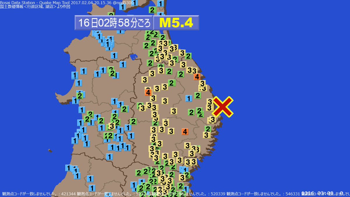 quakemap_bot's tweet image. 2時58分ごろ東北地方で震度4の揺れを観測する やや強い地震がありました。(03:03)