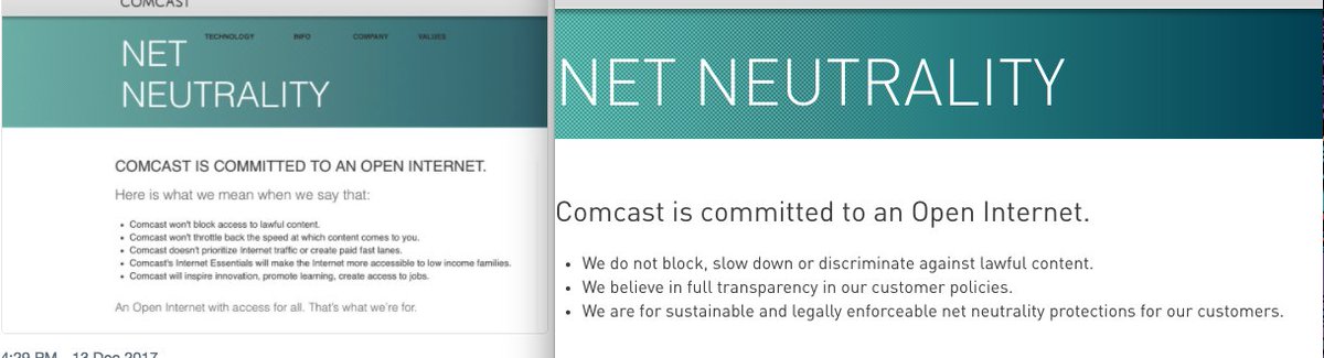 rodrigonieto's tweet image. To the left, what the Comcast website used to say about net neutrality. To the right what it says now.That didn’t take long. #netneturality