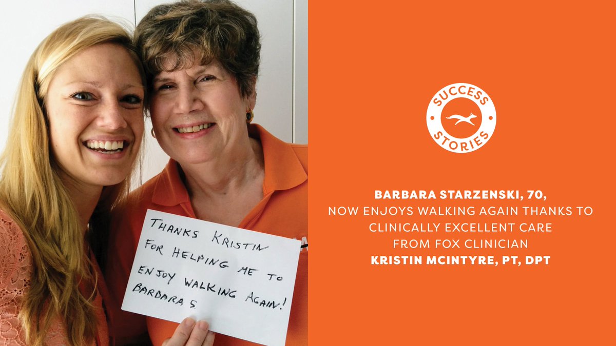 FOXRehab's tweet photo. #FridayFeeling: healthy again. After PT with Kristin, Barbara is able to "enjoy walking." https://t.co/jzk9Gp8WO8 #PT #DPT #PTtalk #successstory https://t.co/3tGUXlMVJ9