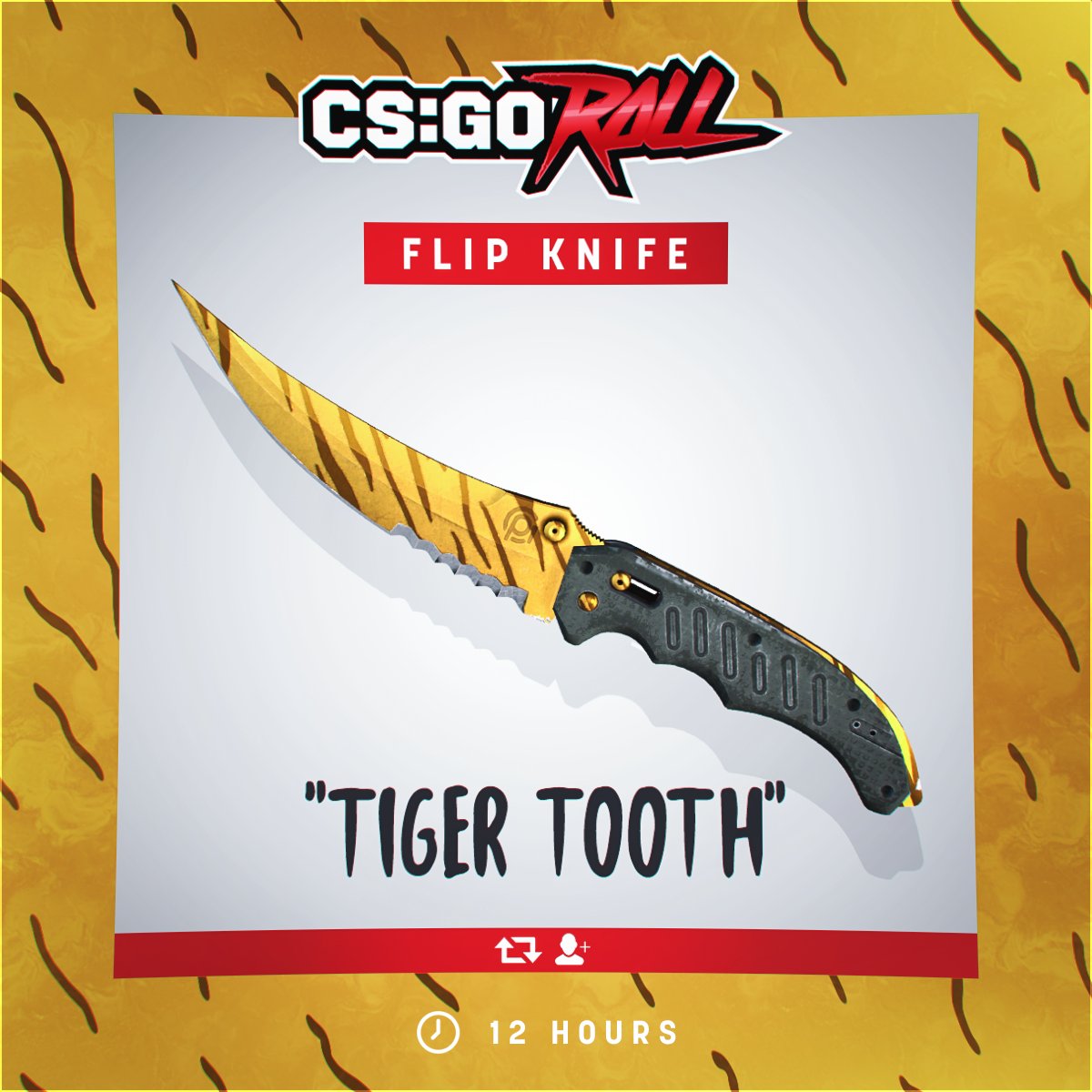 CSGORoll's tweet photo. Flip Knife | Tiger Tooth - GIVEAWAY

- Retweet &amp; Follow
- Enable notifications on CSGORoll
- Play Free Spin https://t.co/eVBIdbzcNR

Good Luck! https://t.co/42uDXa44CQ