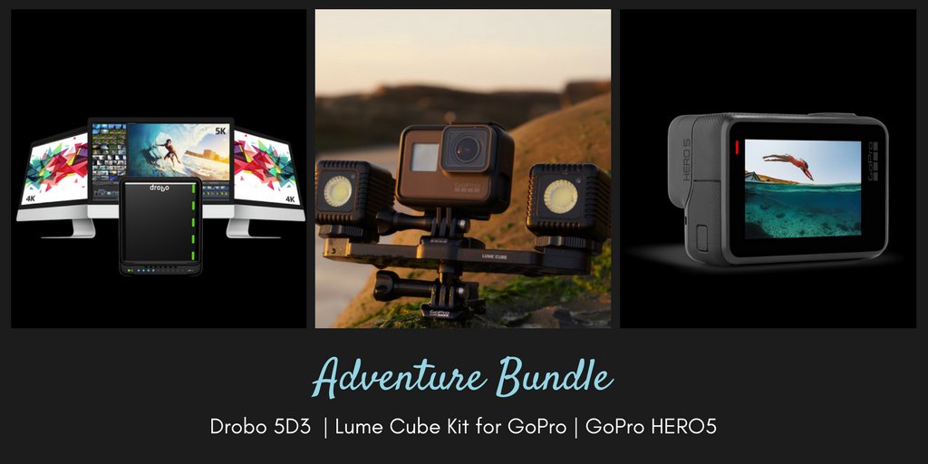 RT, like, and follow <a href="/drobo/">Drobo</a> + <a href="/LumeCube/">Lume Cube</a> to enter to WIN the Adventure Bundle for Drobo's 5 Bays of Giving! 🎉📷

Includes Drobo 5D3, LumeCube Kit for GoPro, and GoPro HERO5 😱 #Giveaway rules: bit.ly/2yfLJVd