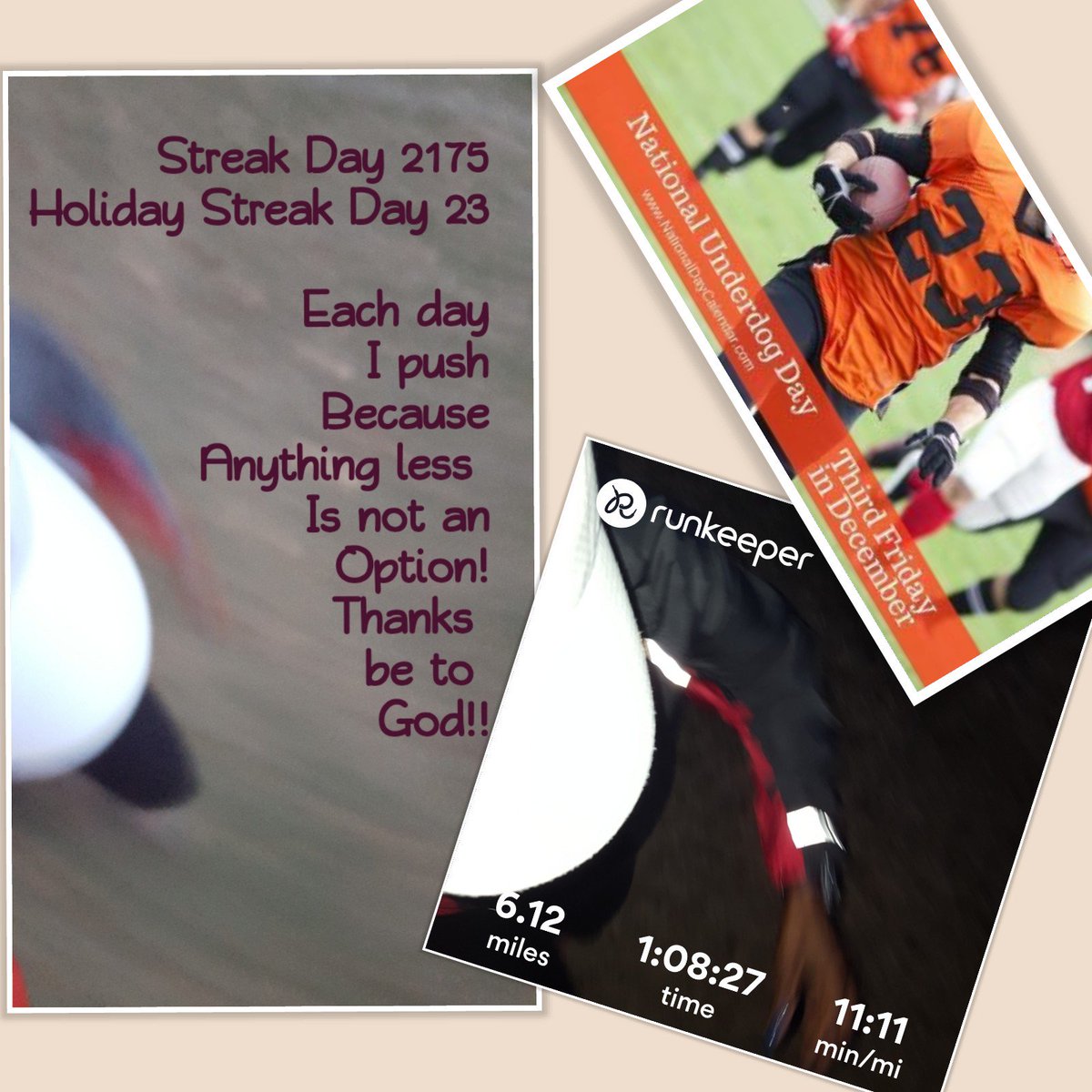 DrMarilynPhD's tweet photo. #Streak Day 2175
#holidaystreakers2017 Streak Day 23
#runtheyear2017 #YTD 2753 miles
Each day I push because anything less is not an option!
It's #NationalUnderdogDay & we will always persevere as long as we #NeverGiveUp
#mylongestrun #runhappy #runtheedge #philipians413๐ https://t.co/ctU2Ot3dN9