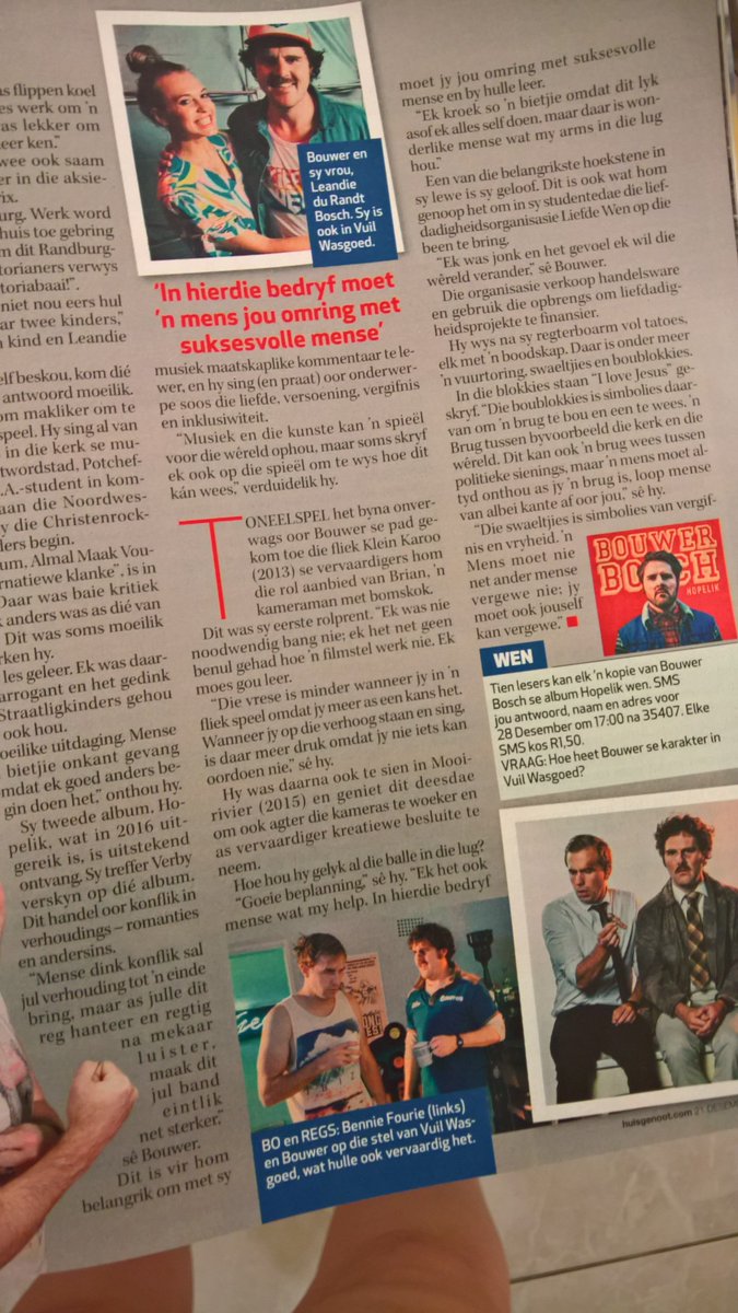 AlishiavanDev's tweet photo. Dankie @huisgenoot vir die lekker dubbelblad artikel met @BouwerBosch  #Hopelik @StarburstPromo @KanadaRecords https://t.co/lEOWfZH5HP