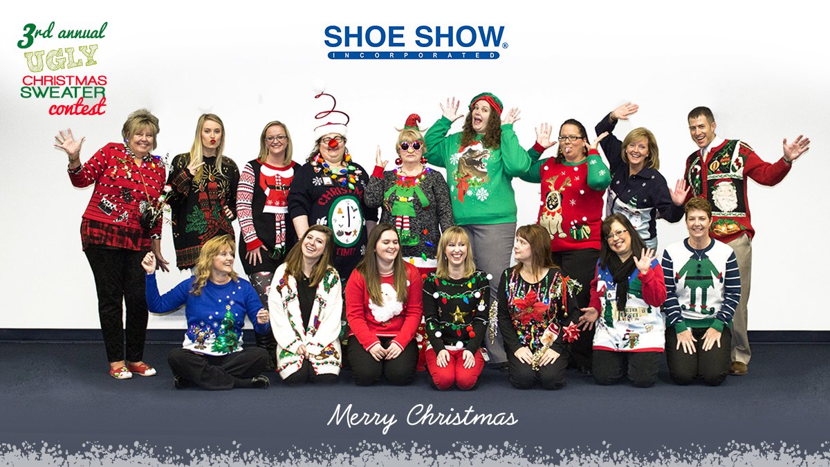ShoeDeptEncore's tweet photo. It’s #UglySweaterDay at our #SHOESHOW Corporate Office! Shoutout to our winner, Ginger R.! #UglyChristmasSweaters #TackyFun #JollySeason https://t.co/h2FnRK1o5q