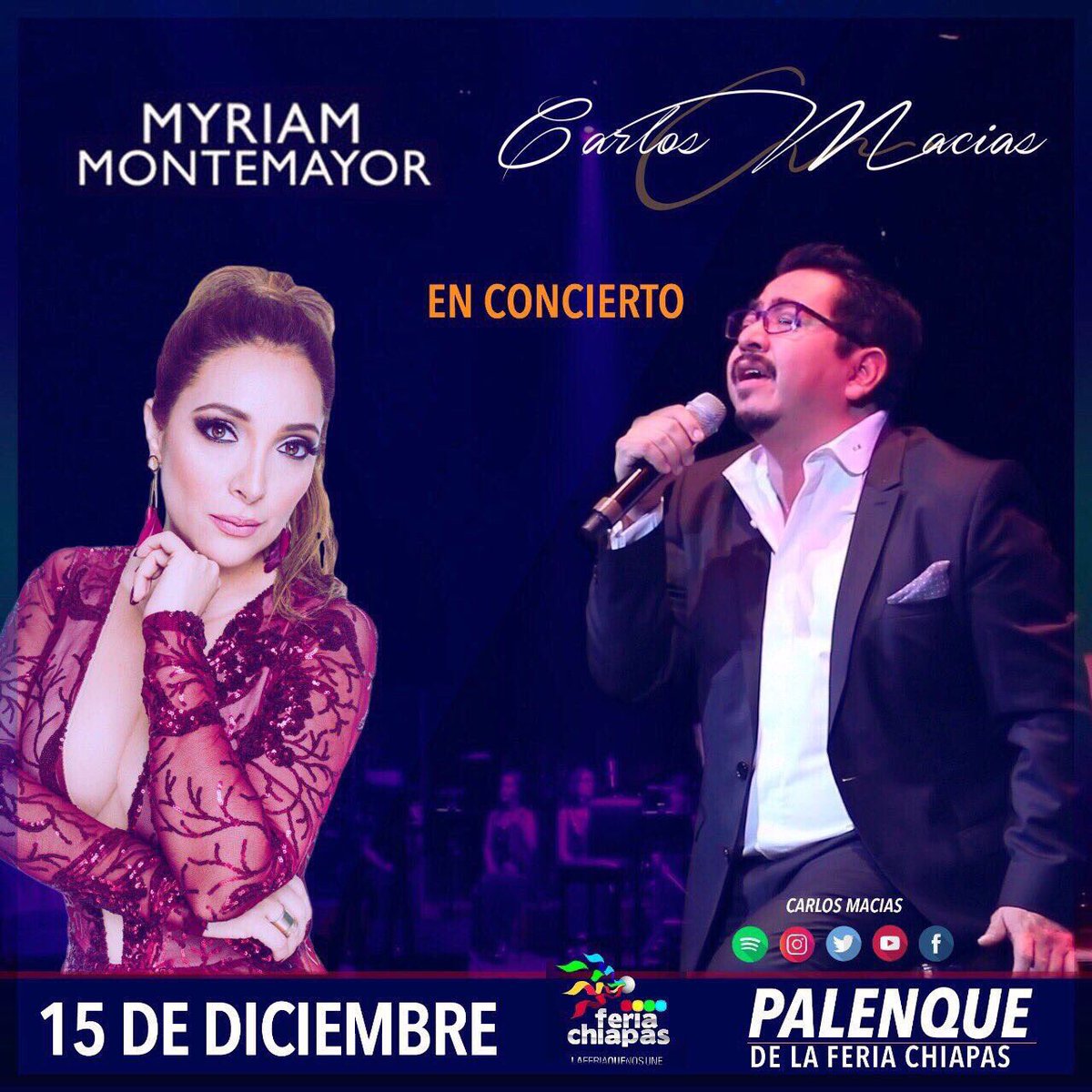 Para grandes intérpretes, grandes compositores y para grandes canciones, grandes voces, hoy escucharemos un derroche de todo eso en el Palenque de la Feria Chiapas a las 11:30 con @MyriamMonteCruz y @carlosmaciasmex ¿Se lo van a perder? No lo creo