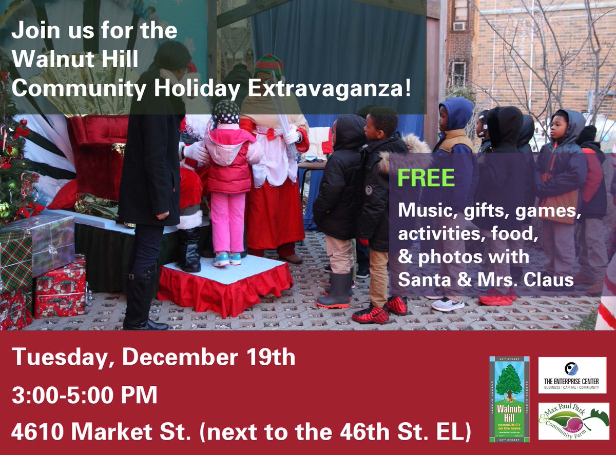 PhilaTEC's tweet photo. We're co-hosting a 🎄FREE🎄Holiday Extravaganza this Tuesday 12/19 from 3-5 PM. Bring the kids for music, fun, food, activities, gifts, and free 📸photos with Santa &amp; Mrs. Claus! 🎅 

Location: Max Paul Park (4610 Market Street), next to the 46th St. EL. &amp; across from Aldi's https://t.co/vwDGd28pGS