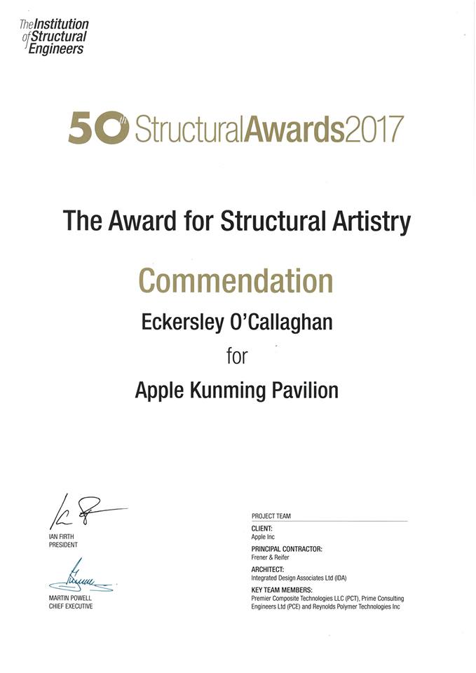 ReynoldsPolymer's tweet photo. What an honor to receive this "Structural Artistry" Award at the 2017 #StructuralAwards, for our work on the Apple Kunming Pavillion.
https://t.co/eHb8uV50lF #webuildtheimpossible #acrylicexperts #reynoldspolymer #buildingtheimpossible #engineeredacrylic #architectural #award https://t.co/a7DlarPWMY