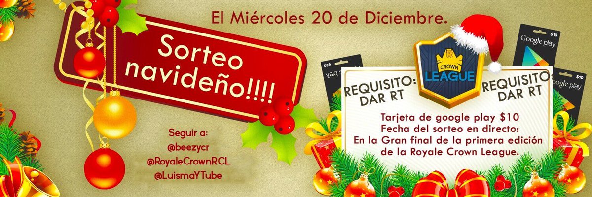 Sorteo Navideño 🎅🏻

Requisitos
Dar RT a este tweet 🎄 
Seguir las cuentas que están en la imagen 🎁

El ganador se dará en el directo de la gran final de la liga <a href="/RoyaleCrownRCL/">Royale Crown League</a>