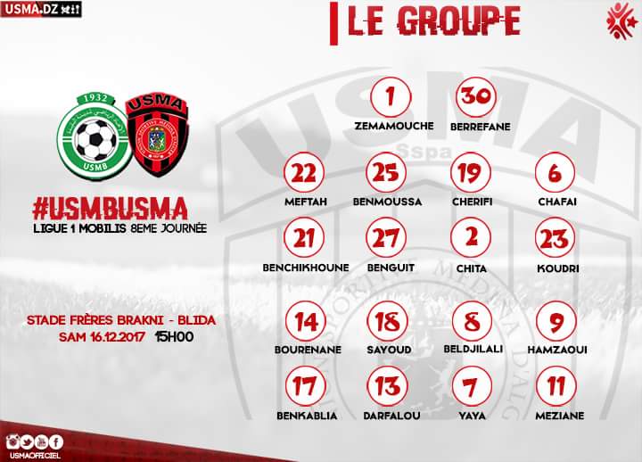 USMAofficiel's tweet photo. #USMBUSMA : 📋 La liste des 1⃣8⃣
#Ligue1 #J15 #USMA17🔴⚫ https://t.co/4XMtajWwrs
