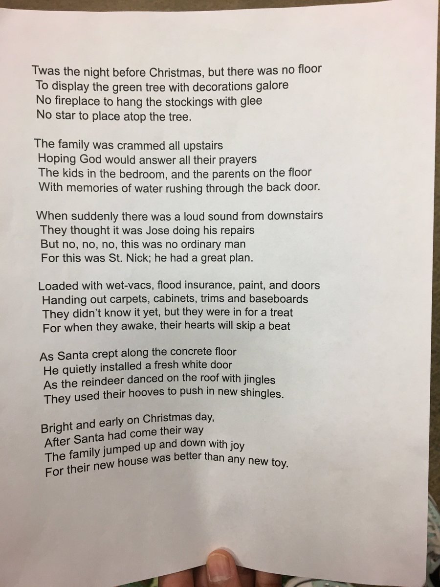 katyisd's tweet photo. Three @BeckJuniorHigh students write their rendition of "Twas the Night Before Christmas" after being affected by Harvey.  Their heart-warming story today at 4 &amp; 6 p.m. You won't want to miss it. #bethelegacy https://t.co/s3BYgif0ew