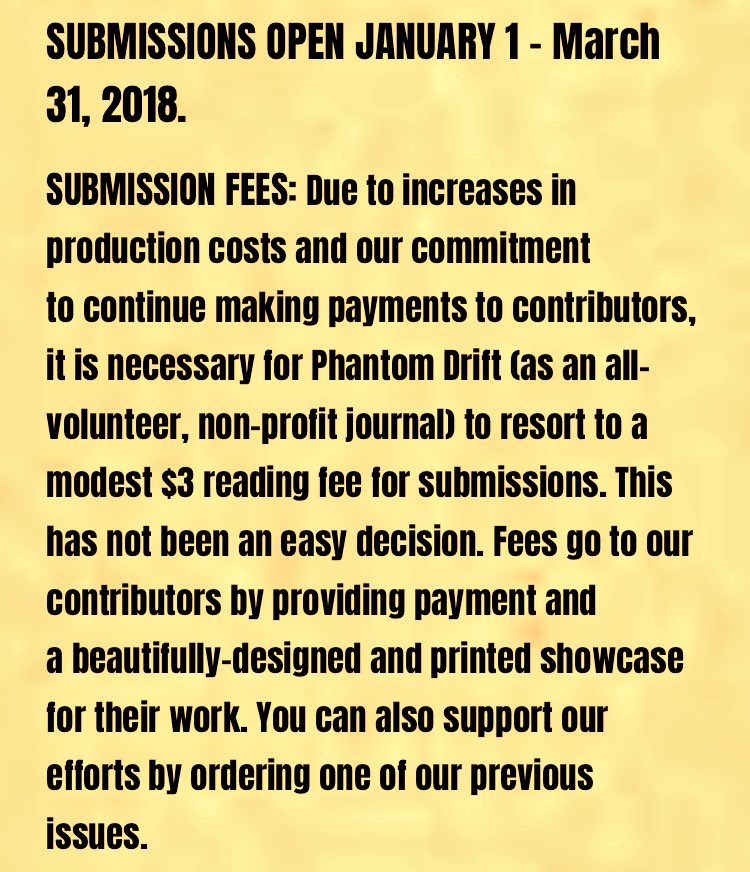 Phantom_Drift's tweet photo. Phantom Drift submissions open in just a couple of weeks! Click the link in our bio for guidelines. We can’t wait to read your wonderfully weird &amp; fantastically fabulist work. #submissions #fabulism #literaryjournal #PhantomDrift https://t.co/jPZE79b7c9