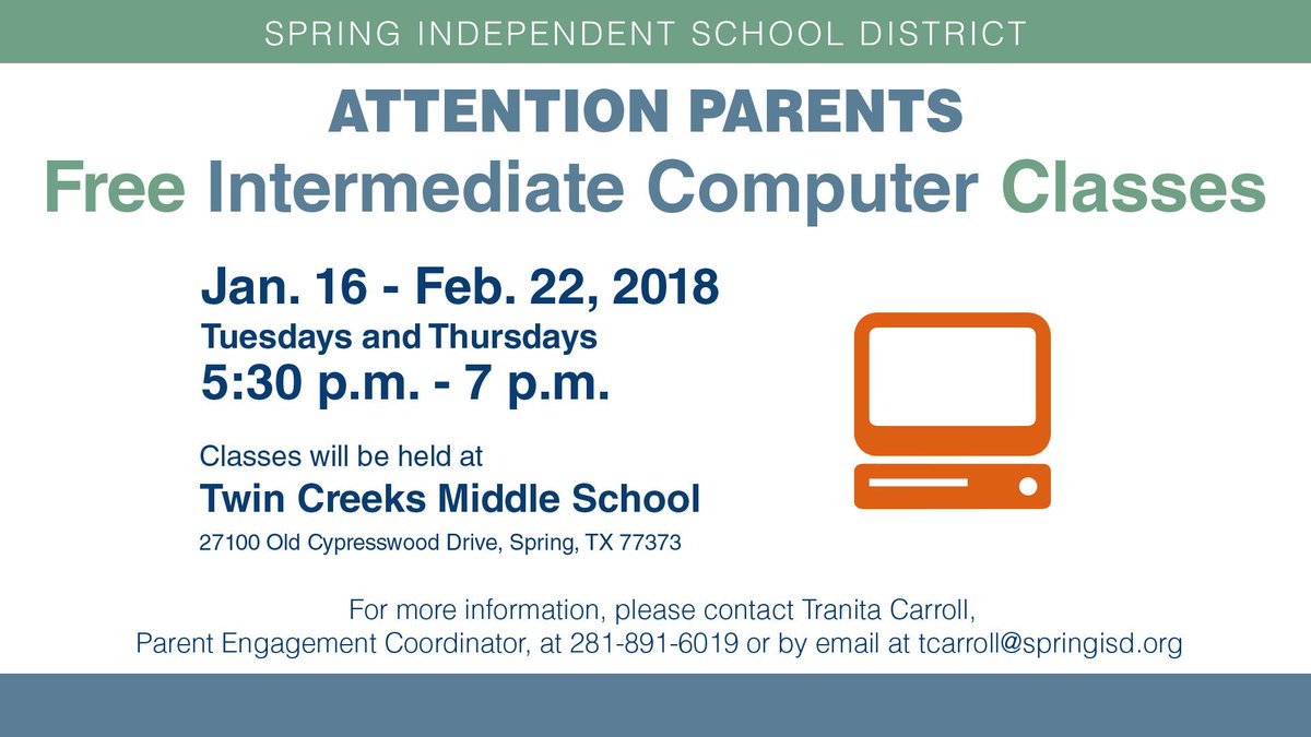 SpringISD's tweet photo. Free computer classes are offered at Spring ISD! Please see registration details below: https://t.co/tXZQY8ZjEa