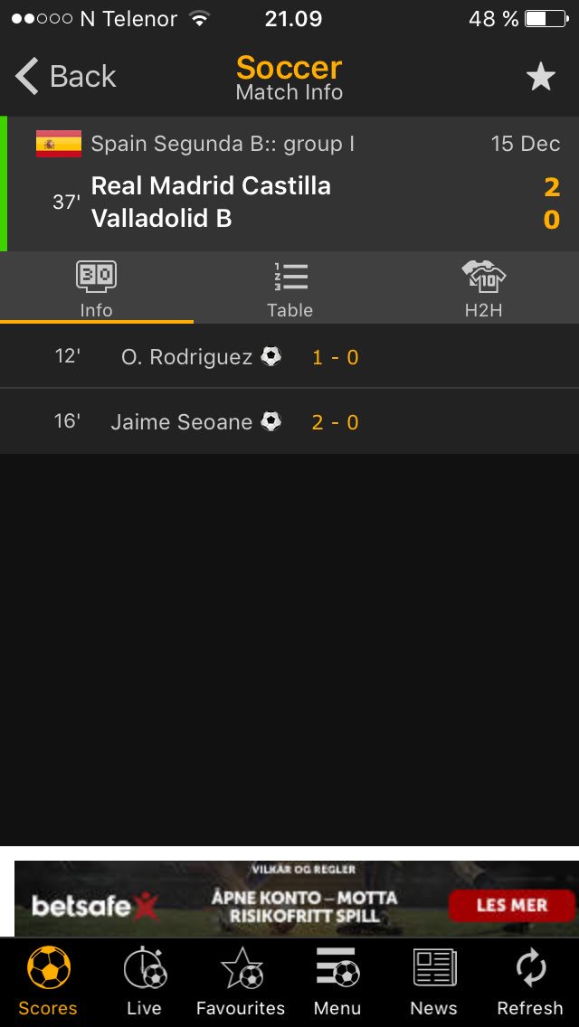 Bjordheim's tweet photo. Castilla leder 2-0!! Hvor er #VG med liveupdate? Hvor er #tv2 med direktesending? Savnet er så altfor, altfor stort ;-) https://t.co/l7y8KrzNl7