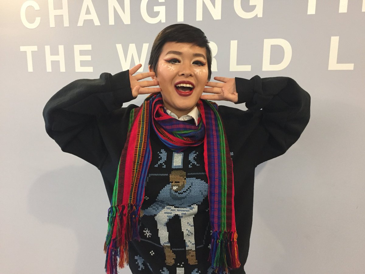 studyblue's tweet photo. Check out our festive employee with the coolest holiday make up and @Drake Hotline Bling holiday sweater! Happy #UglySweaterDay! #FridayFeeling #StudyBlue https://t.co/NyVNb6mr1t