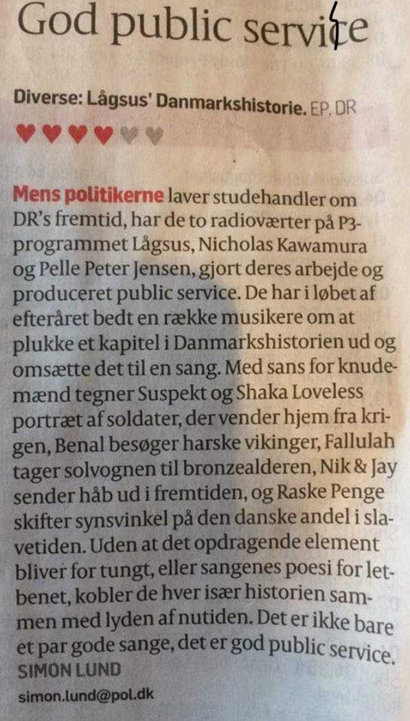 P3’s musikalske take på danmarkshistorien: 5 sange om dengang, nu og fremtiden - ude på streaming og i din radio.

#drp3 #publicservice
<a href="/benalcph/">Benalcph</a> <a href="/shakaloveless/">Shaka Loveless</a> <a href="/fallulahmusic/">Fallulah</a> <a href="/rasmoney/">raske penge</a> <a href="/nikandjay/">€€ nik & jay</a> <a href="/runerask/">Rune Rask</a> <a href="/Nichokawamura/">Nicholas Kawamura</a> @PellePeter