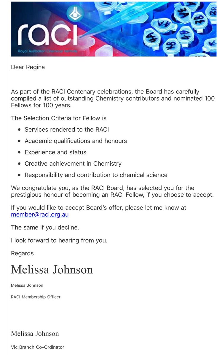 Pretty excited! Thanks @RACI_HQ honoured to have been selected!