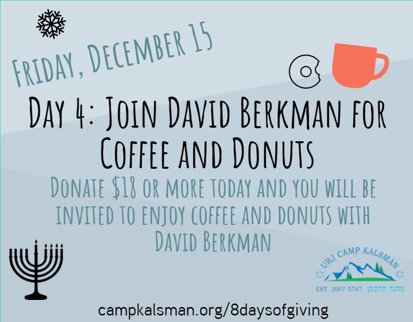 We’re halfway through Kalsman’s 8 Days of Giving Campaign!! Don’t miss out on joining David Berkman for coffee and donuts! 🍩 ☕️