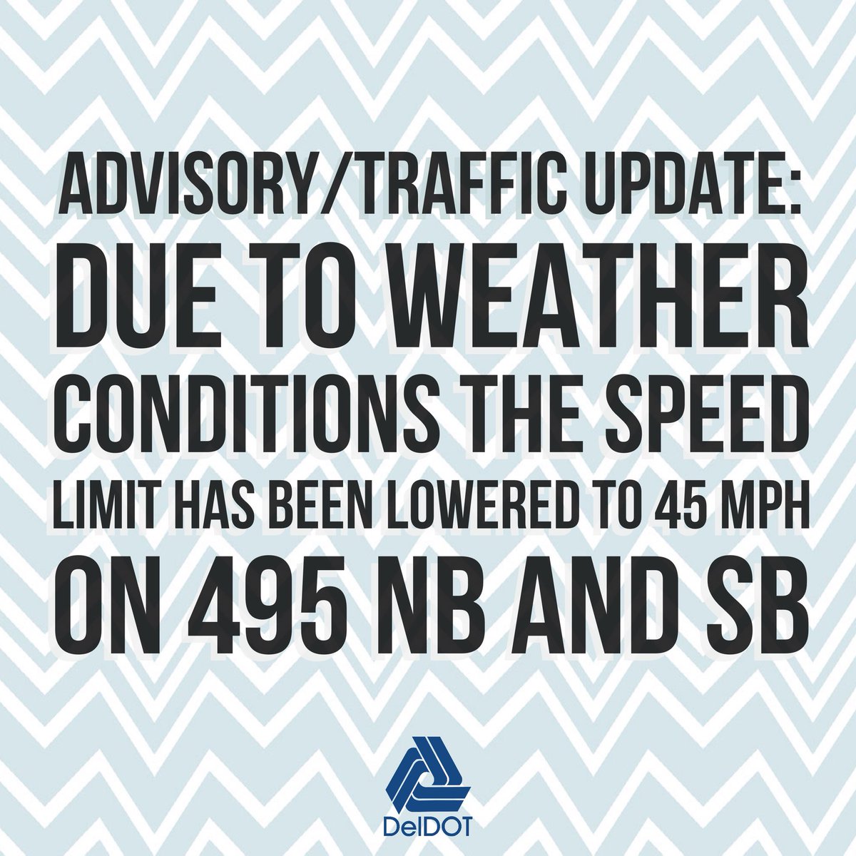 DelawareDOT's tweet photo. #DeTrafficAlert update: speed limit has been lowered to 45 #NetDe #StormDe #SnowDe #DelDOT https://t.co/XQSOE7lwxn