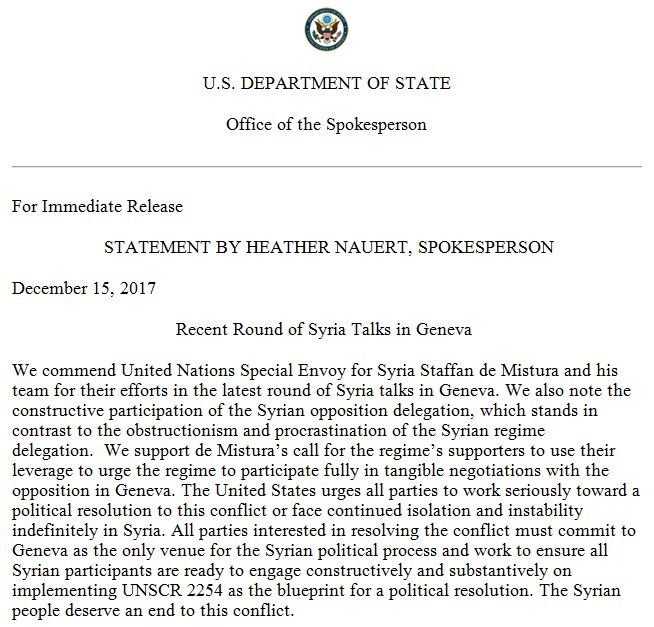 statedeptspox_a's tweet image. We commend @UNGeneva Special Envoy for Syria and his team for their efforts in latest round of #Syria talks. The United States urges all parties to work seriously toward political resolution to this conflict or face continued isolation and instability indefinitely in #Syria.