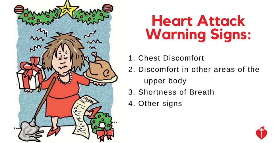 americanheartvt's tweet photo. It’s important to know the warning signs of a heart attack, especially during the stressful holiday season. Find out what three things everyone who survives a heart attack needs to know. https://t.co/p2a7AUnotm https://t.co/kCtHPJyN0b