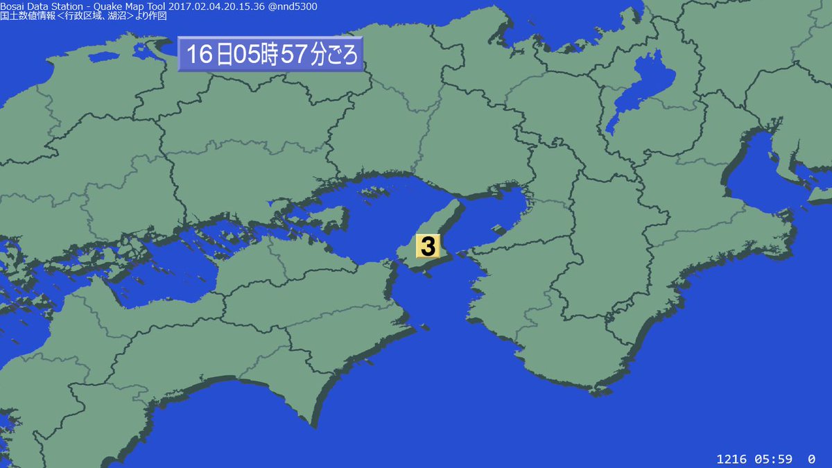 quakemap_bot's tweet image. 【震度速報】 5時57分ごろ近畿地方で震度3の揺れを観測する 地震がありました。(05:59)