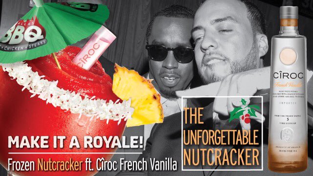 Try The Unforgettable Nutcracker for the Holidays! A red pineapple drink with Amaretto, Rum, Cognac and Coconut. Served with a shredded coconut rim and a shot of Cîroc French Vanilla! #Diddy #Cîroc #DallasBBQ #FrenchMontana #HappyHolidays