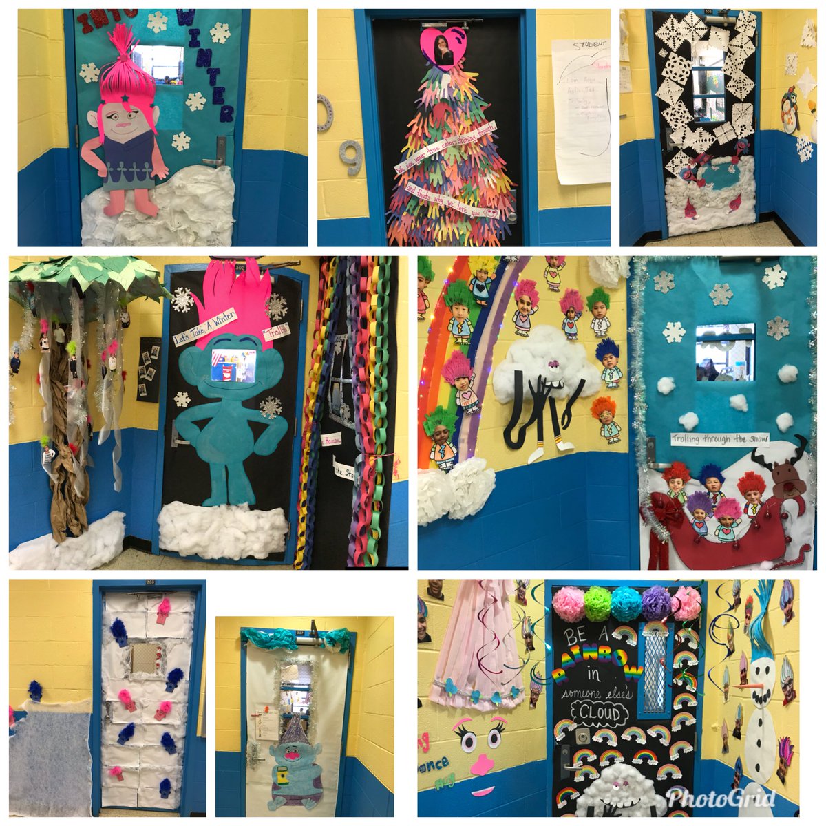 Ceesoto3's tweet photo. @THEPubSchool13 door contest. Trollin’ through the snow... the 3rd floor “Trollstice”  #deckthehalls #wintertrollstice #truecolors #rainbowinthestorm #trolllalalalalala #takeatrollie @Kdeitchman16 @mnapoletano22 @TeachingLife23 @jaime0731 https://t.co/UiYLvXydC0