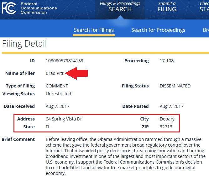 Pillownaut's tweet image. Want to see how blatant the fake #FCC comments were? These filings with IDENTICAL cookie-cutter comments are from stolen celebrity names, &amp;amp; the Florida address is an empty medical building for lease. SRSLY. #NetNeturality @FCC