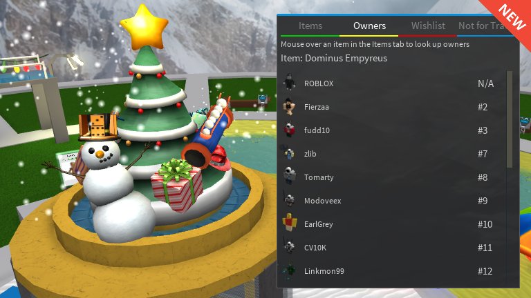 Merely On Twitter Tradehangout Holiday Update Added Christmas Decorations And A Paid Owners List Feature To Look Up All Owners Of An Item Invaluable For Finding Rare Items Https T Co Ukm6jth69c Https T Co Xqfrsribee - fudd10 roblox