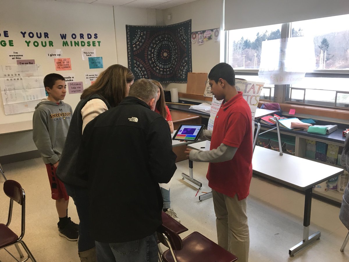 SPS_Supt's tweet photo. Great visit to the Grade 7 Red team’s Display Day with @omsprincipal today. Some really sophisticated presentations of high-level learning learning! #ShrewsburyLearns https://t.co/qdcP3G9PW9