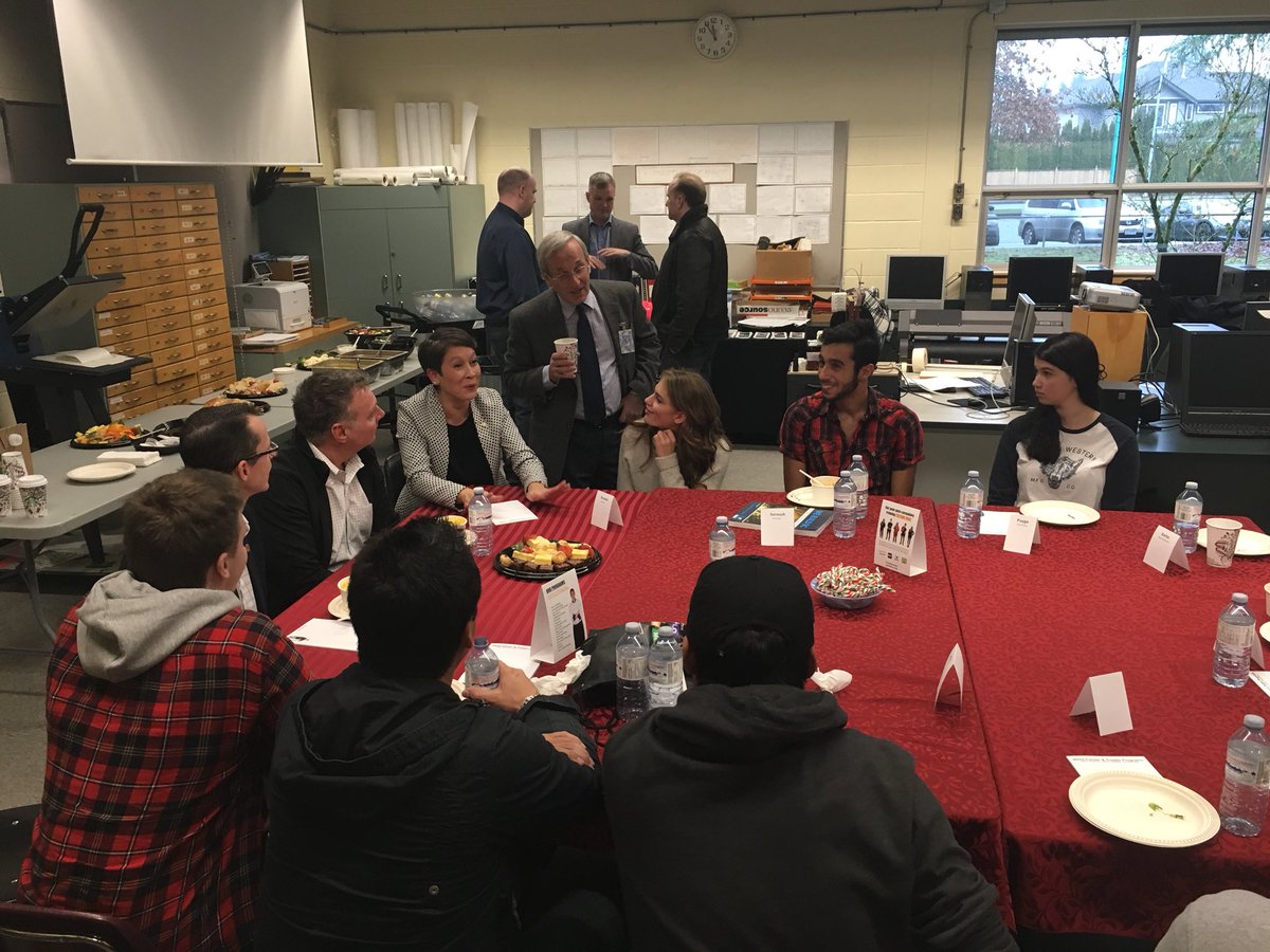 AEST Minister <a href="/melaniejmark/">Melanie Mark Hli Haykwhl Ẃii Xsgaak</a> and @ita_youth staff visit #sd43’s @TerryFox43 school to chat with trades program students.
