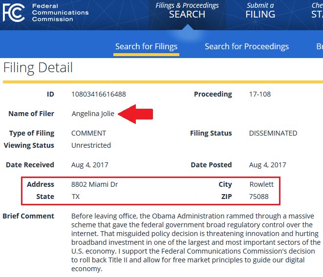 Pillownaut's tweet image. Want to see how blatant the fake #FCC comments were? These filings with IDENTICAL cookie-cutter comments are from stolen celebrity names, &amp;amp; the Florida address is an empty medical building for lease. SRSLY. #NetNeturality @FCC