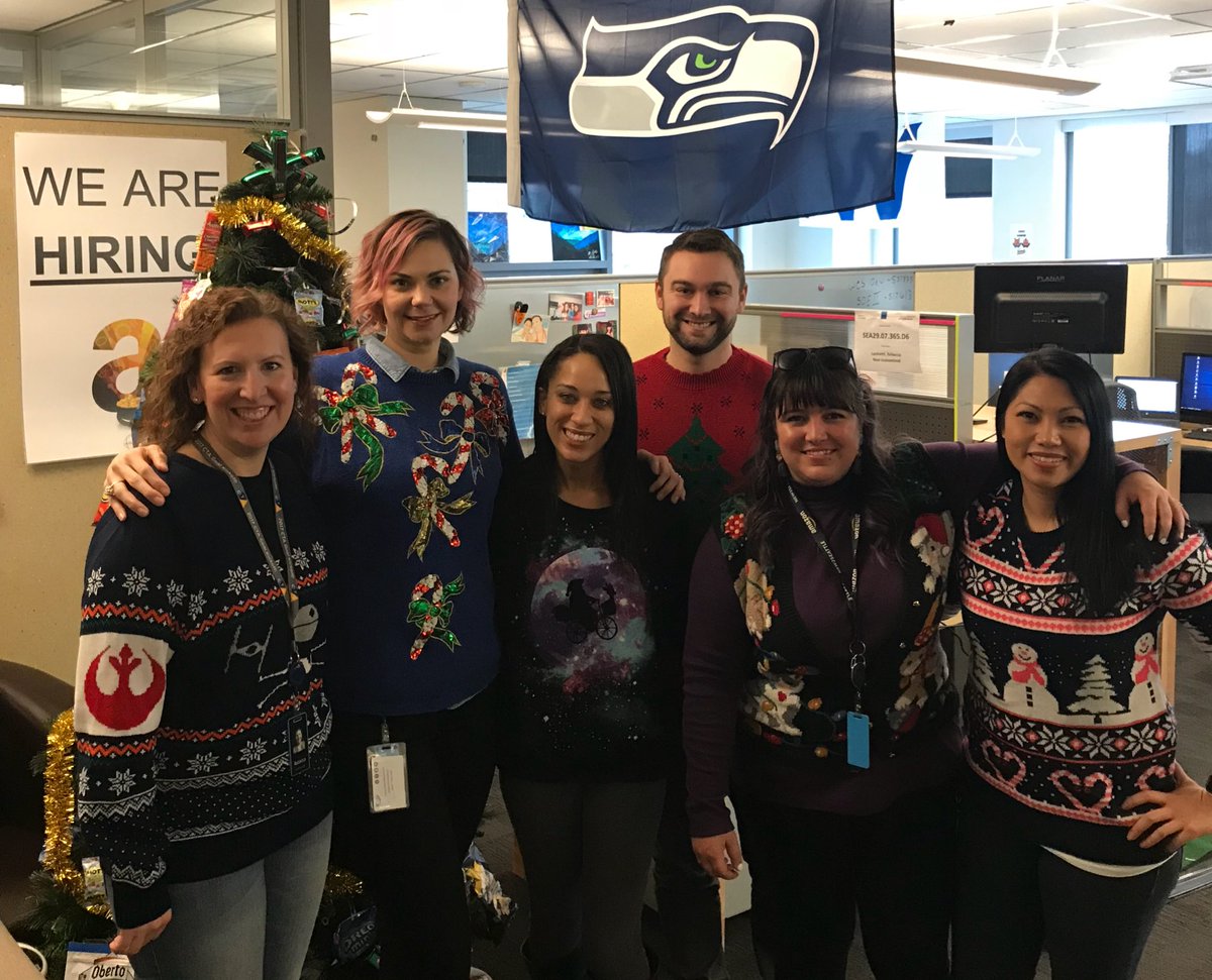 alvalneely's tweet photo. Ugly sweater holiday party today!! @LeonettiRebecca @katwhi206 @InsideAmazon https://t.co/kVbAba37wq