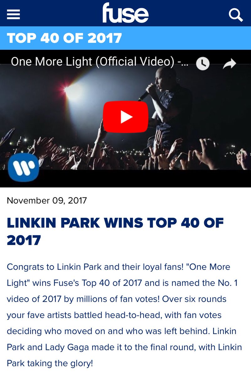 LinkinParkJapan's tweet photo. Congratulations @linkinpark ! We did make Chester proud!
LP familyの皆さんの力で@fusetv #FuseTop40 of 2017で”One More Light”がBest Video of 2017に輝きました!
https://t.co/gWZtnY3wZX
#LinkinPark #リンキンパーク #OneMoreLight #MakeChesterProud https://t.co/f9uCFhosyY