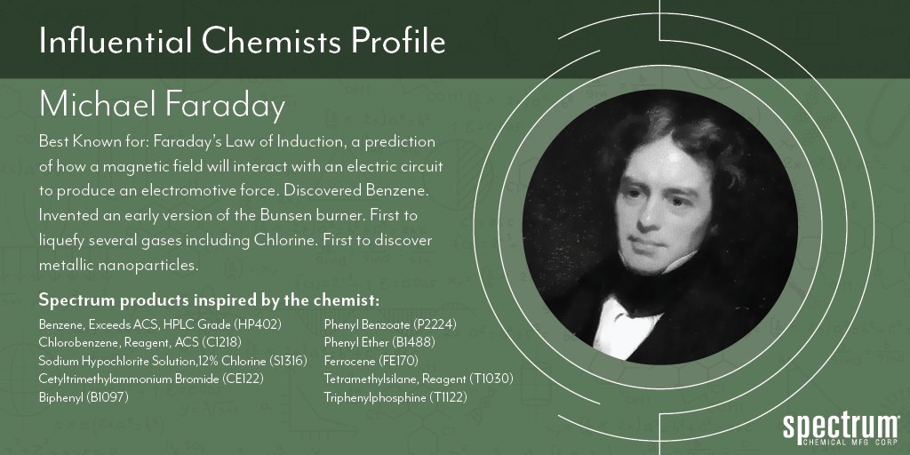 SpecChem's tweet photo. Spectrum's Influential Chemist of the month is Michael Faraday. Learn more, https://t.co/HHAjBazvLm. #influentialchemist #spectrumchemical #michaelfaraday #faradays #itselectric #benzene https://t.co/QnVibY7CAJ