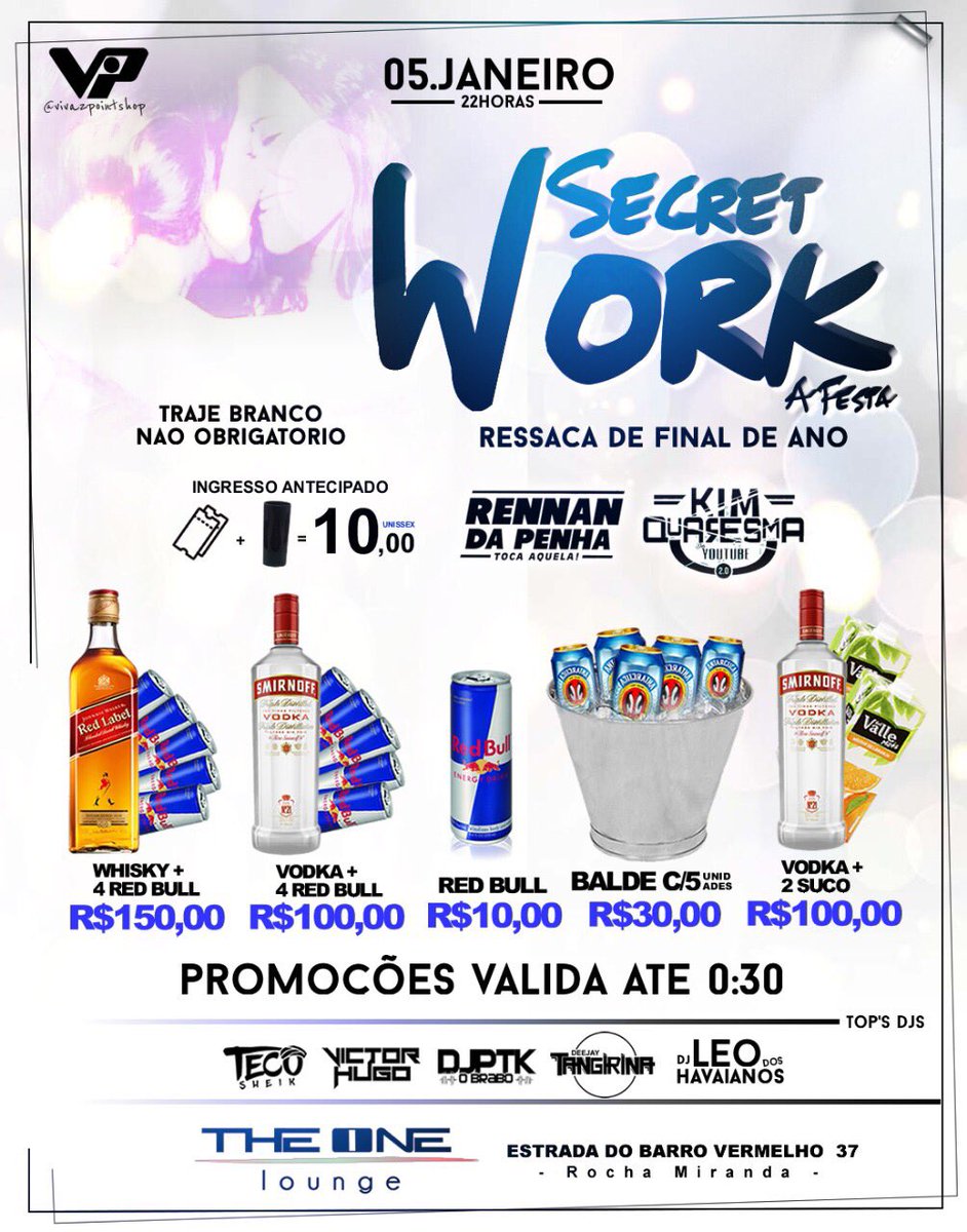 Lkvieira06's tweet image. Pra começar o ano na melhor forma vem comigo pra #SecretWork edição RESSACA DE FINAL DE ANO 🍾 promoções de bebidas imperdíveis 😱DJ's mais TOPS do momento✔🎧 Ingresso+copo=10💸(Unissex) 

Não fica de fora dessa não!! BORÁÁÁÁ💃💃

#SecretWork #TheOne 

(Mais informações ➡ dm)