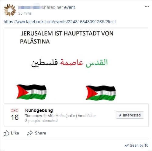 HRMRKR's tweet photo. Morgen demonstrieren syrische Gruppen in #Halle für ein rein palästinensisches #Jerusalem. Veranstalterin teilt auf FB Bilder mit auf #Israel zielendem Scharfschützen. Im Aufruf die freundliche Bitte, keine Flaggen zu verbrennen. Ich berichte unter #hal1612. #Antisemitismus https://t.co/yBazLL2joS