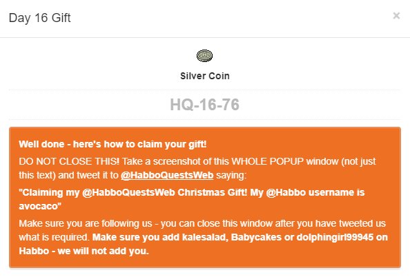 Claiming my <a href="/HabboQuestsWeb/">HabboQuests.co</a> Christmas Gift! My <a href="/Habbo/">Habbo</a> username is bisc8