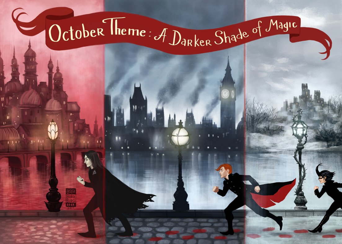 LesyaBlackBird's tweet photo. I keep forgetting to share this! This was the card I did for Fox &amp; Wit, for their October box. A Darker Shade of Magic by @veschwab https://t.co/zAIkpyqcO0