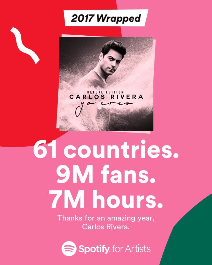 _CarlosRivera's tweet photo. Gracias a todos por hacer posible estos logros. @spotify Cada vez son más los que escuchan mi música y cada vez es más grande mi alegría. El año que viene regresamos con más música. 🕺🏻🎶🎵 https://t.co/Vv8UCEhoGK