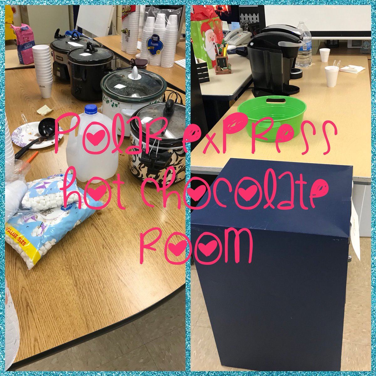 melindafugate's tweet photo. Our room was the official hot chocolate room for The Polar Express!  3 Keurigs, 4 crockpots and 3 teachers kept things moving.  #NoMesses #smiles😊 #PolarExpress🚂🎅🏻 #elementaryadventures #MyStaffIsAwesome #MerryChristmasBulldogs https://t.co/8OhpE2nHiM