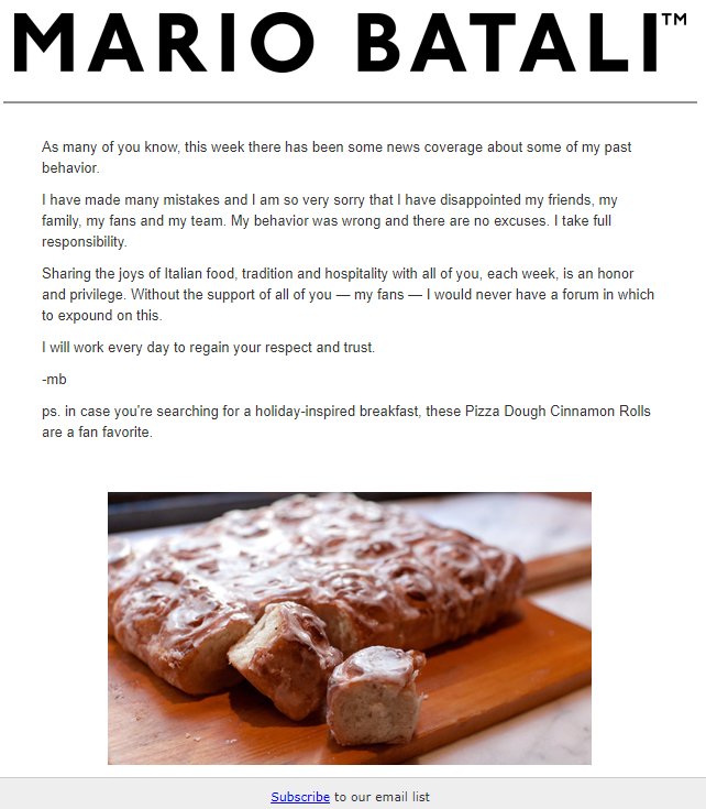 NumbersMuncher's tweet photo. MARIO BATALI: How do we address the sexual harassment?
PR TEAM: With a heartfelt apology.
MB: A cinnamon roll recipe should do the trick.
PR: That's a horrible idea.
MB: Yeah, let's go with that.
PR: You need to apologize.
MB: OK. Quick apology and then rolls.
PR: We're doomed. https://t.co/dy7aIHUyDV